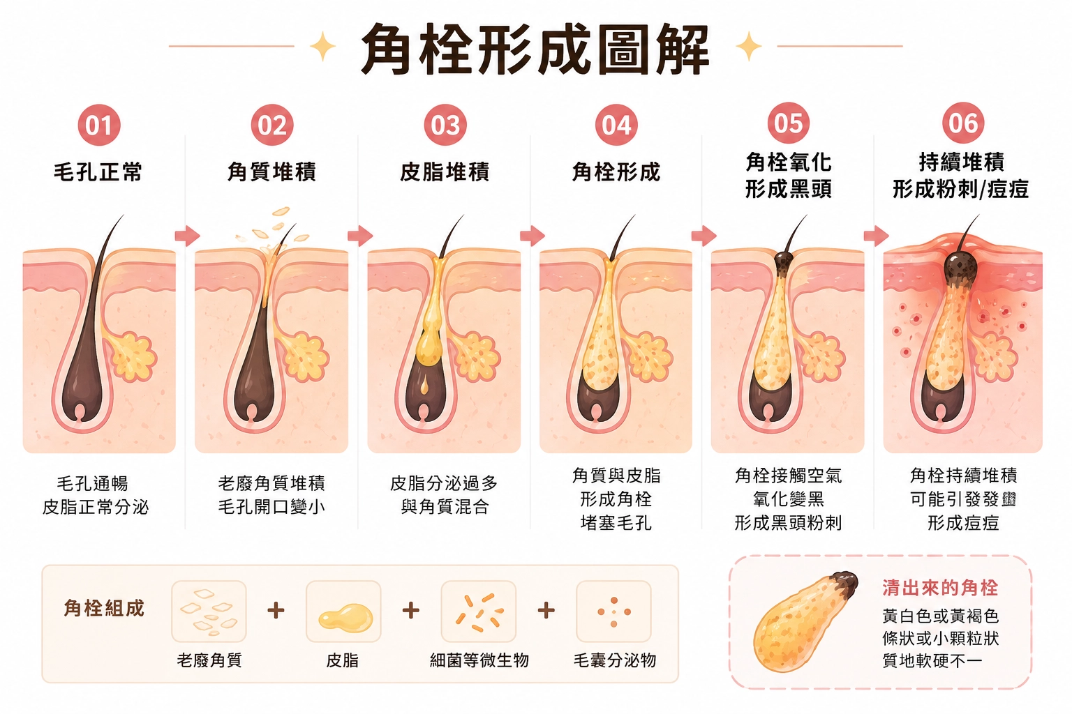 角栓形成堵塞毛孔引發粉刺及痘痘流程圖